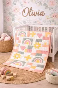 Modern rainbow crib quilt pattern beginner friendly design featuring clean geometric blocks in soft sage, cream, and muted blush arranged in a minimalist nursery setting