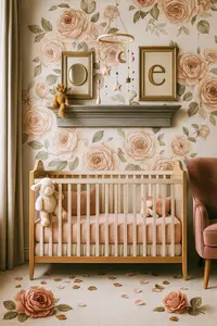 A modern baby girl nursery featuring a white crib with soft pink bedding, elegant framed artwork, warm neutral walls, and natural daylight creating a cozy, feminine space.