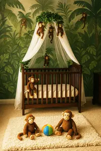 Monkey baby nursery with jungle vines, a mosquito net crib canopy, dark wood crib, plush monkeys, and a colorful ball on the rug