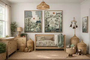 Monkey baby nursery with framed custom jungle art, a bamboo ceiling light, a monkey ceiling mobile