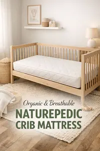 Naturepedic organic breathable crib mattress in a neutral nursery with firm flat sleep surface
