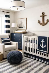 Nautical nursery ideas with coastal decor, anchor accents, striped bedding, and sailboat wall art