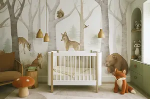 Neutral baby nursery with woodland mural, deer and bear art, wood pendant lights, and plush fox and raccoons