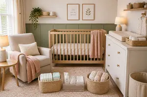 Newborn nursery essentials checklist with simple crib setup and organized baby basics