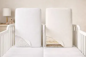 Newton vs Naturepedic crib mattress comparison in a neutral nursery with two infant mattress styles side by side