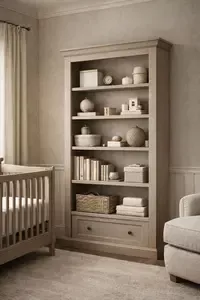 Safe nursery bookshelf anchored to the wall with baby books and simple decor in a neutral baby room