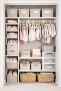 Nursery closet organizer with hanging shelves, labeled dividers, and storage bins in a small baby closet