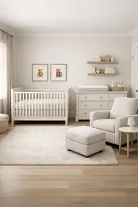 12x12 nursery layout with crib, dresser, glider, and clear walking space