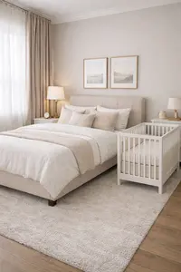 Efficient and elegant baby and adult bedroom sharing layout with adult bed and crib placed parallel with clear walking space.