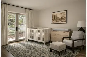 Nursery layout ideas showing crib on interior wall, dresser changing station nearby, and chair in corner with clear walking path