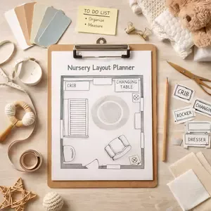 Nursery layout planner showing crib, dresser, and chair placement in a simple baby room design