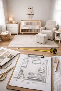 modern nursery room layout planning example with crib dresser and chair placement
