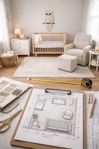 modern nursery room layout planning example with crib dresser and chair placement