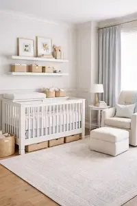 Small nursery with smart storage ideas including dresser baskets, wall shelves, and under-crib organization