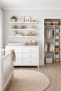 Small nursery with vertical wall shelves, floating storage, and organized closet system that makes the room feel bigger