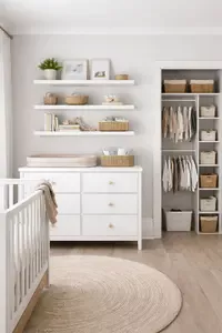 Small nursery with vertical wall shelves, floating storage, and organized closet system that makes the room feel bigger