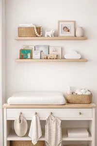 floating nursery wall shelves with baby books and decor in a neutral baby room