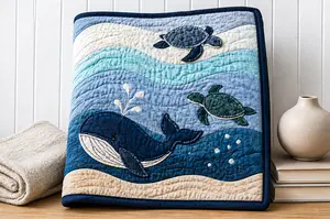 Ocean baby crib quilt pattern with coastal blue waves, whales, and sea turtle nursery details
