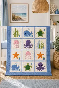 Ocean baby quilt pattern with easy appliqué whale, sea turtle, octopus, and jellyfish blocks in soft watercolor nursery colors