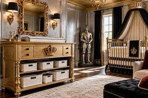 Baby prince nursery with metallic gold changing table, silver walls, crown decorations, knight in shining armor and royal crib.