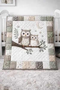 Handmade owl crib quilt in soft neutral colors displayed in a woodland nursery