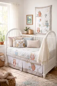 Soft owl nursery theme with white crib, owl bedding, and cozy woodland decor