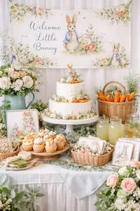 Peter Rabbit baby shower table with pastel storybook decorations, bunny accents, garden flowers, and vintage party details