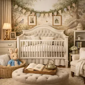 Peter Rabbit nursery ideas with soft blue and green decor, vintage storybook wall art, and a charming garden-inspired baby room
