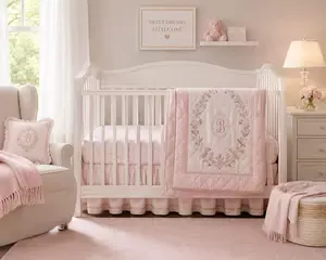 Pink and white baby bedding set with patchwork quilt and ruffled crib skirt in a soft pink nursery