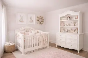 Pink gray and white princess baby girl nursery room with bunny rabbit decor