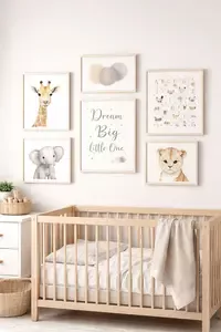 Printable nursery wall art gallery set with safari animal prints alphabet poster and neutral nursery quote