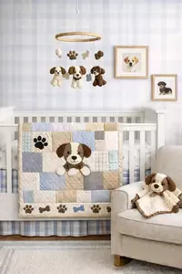 Puppy dog nursery theme with DIY crochet, crib mobile and quilt projects featuring puppy-inspired details