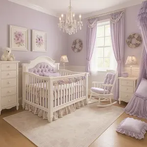 Elegant baby girl nursery decorated with purple accents, floral wallpaper, and soft lighting featuring a white crib and plush toys.