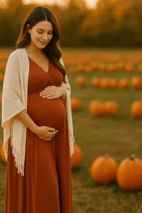 Pregnant woman in a rust maxi maternity gown with a cream shawl standing in a pumpkin patch