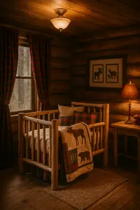Rustic log cabin nursery with handmade pine crib, moose and bear quilt, buffalo plaid curtains, and cozy brass lamps and ceiling light