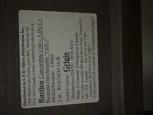 Rustico Convertible Crib 5-in-1 Manufacturer Label