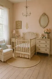 Elegant shabby chic baby girl nursery decorated in blush pink and white with a vintage Jenny Lind crib, floral wallpaper, lace canopy, and soft pastel accents