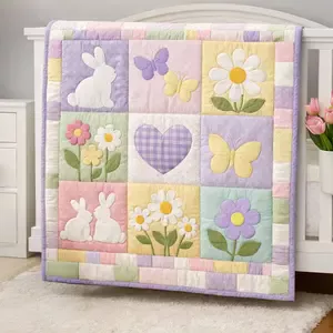 Spring crib quilt with floral daisy and butterfly design in lavender, purple, butter yellow, sage green, and cream nursery colors