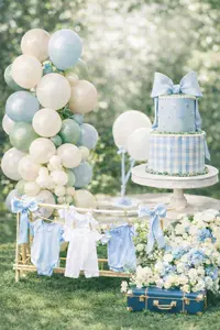 Spring and summer outdoor baby shower setup with pastel balloon garland, blue gingham cake, baby clothesline display, and blue and white flowers