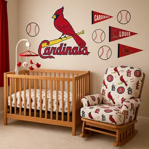 St. Louis Cardinals baby nursery with warm wood crib, themed mobile, and glider chair upholstered in team fabric, with wall decals and pennants in red and white