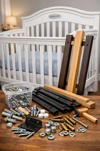 Storkcraft baby crib with replacement hardware parts including screws, bolts, and rails