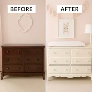 Before and after photo of a thrifted nursery dresser transformed for a baby girl’s room with soft blush paint and new gold hardware