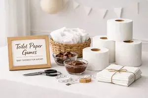 Toilet paper games setup for a baby shower with rolls ready for fun party activities