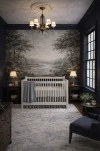 Calm woodland tree mural nursery with soft green leaves and neutral baby crib