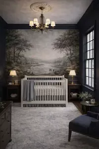Calm woodland tree mural nursery with soft green leaves and neutral baby crib