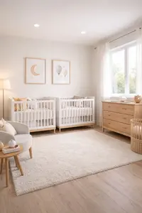 Twin nursery layout ideas with two cribs arranged in a modern baby room with clear walking space