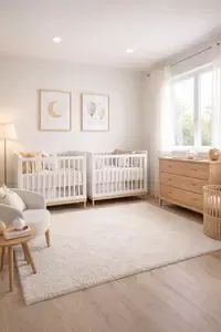 Twin nursery layout ideas with two cribs arranged in a modern baby room with clear walking space