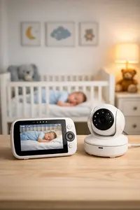 Video baby monitor showing a clear nursery view with crib and sleeping baby
