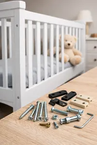 Baby crib with missing hardware parts laid out nearby, showing screws and brackets needed for assembly