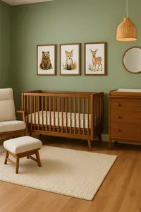 Warm neutral baby nursery with natural wood furniture and crib and soft lighting